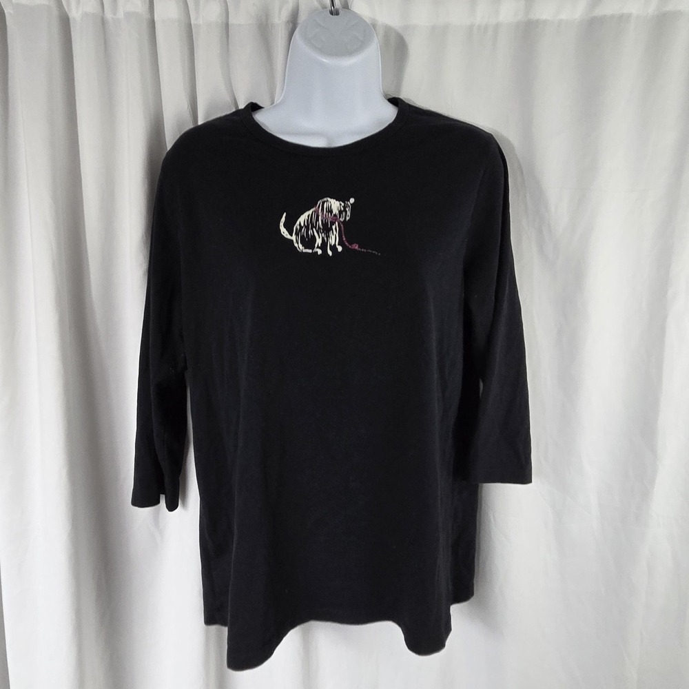 June & Daisy Dog Yarn Shirt Womens Large Black 3/4 Sleeve Embroidered Knit Top